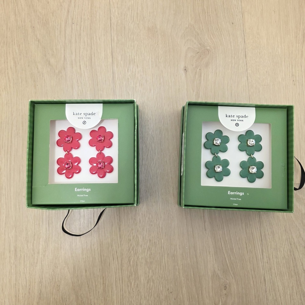 NIB Kate Spade × Target Set Of 2 Red & Green Flower Dangle Rhinestone Earrings